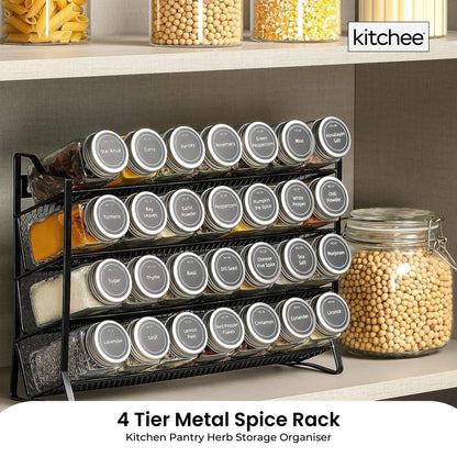 Black 4-tier metal spice rack with 28 glass jars and labels