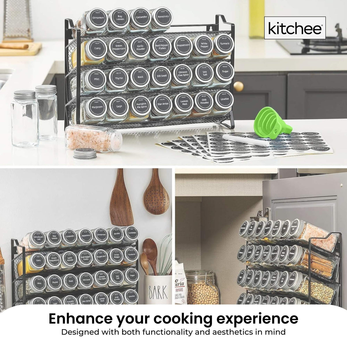 Black 4-tier metal spice rack with 28 glass jars and labels