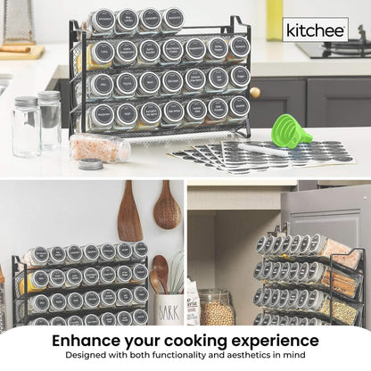 Black 4-tier metal spice rack with 28 glass jars and labels
