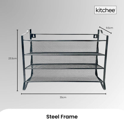 Black 4-tier metal spice rack with 28 glass jars and labels