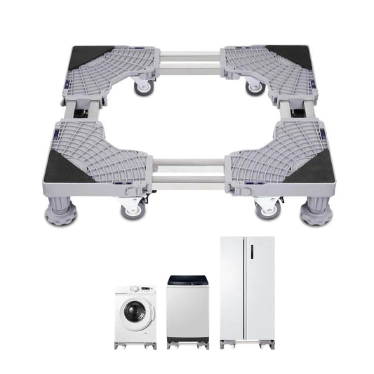 Adjustable wheeled appliance base supporting a washing machine