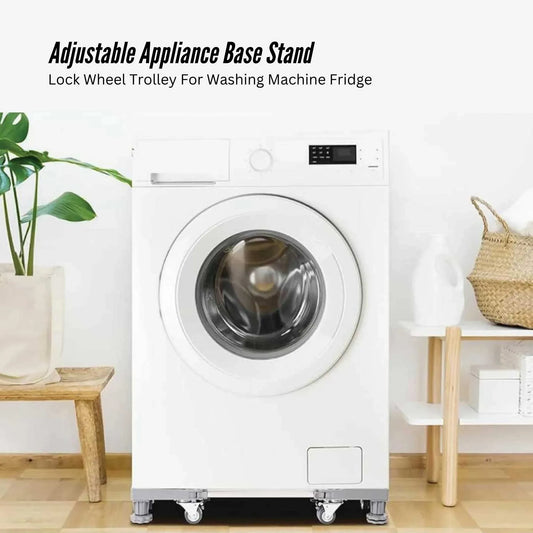 Adjustable wheeled appliance base supporting a washing machine