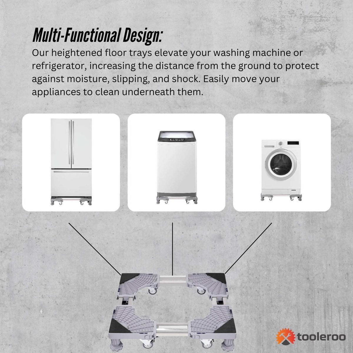 Adjustable wheeled appliance base supporting a washing machine