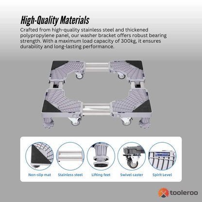 Adjustable wheeled appliance base supporting a washing machine