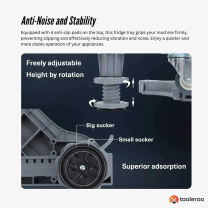 Adjustable wheeled appliance base supporting a washing machine