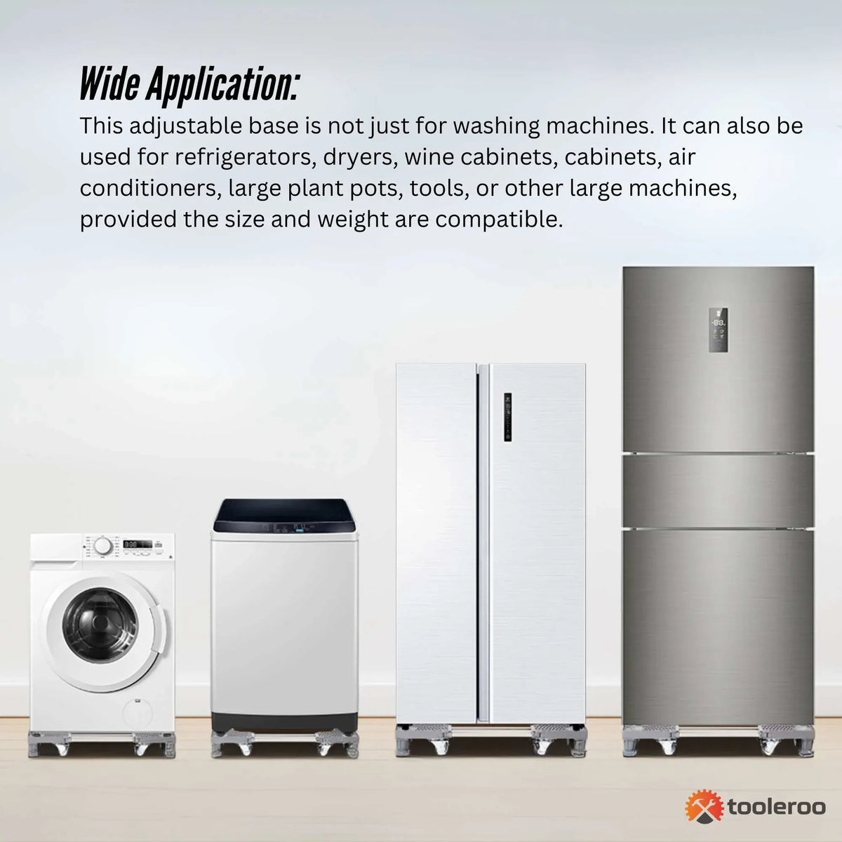 Adjustable wheeled appliance base supporting a washing machine