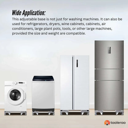 Adjustable wheeled appliance base supporting a washing machine