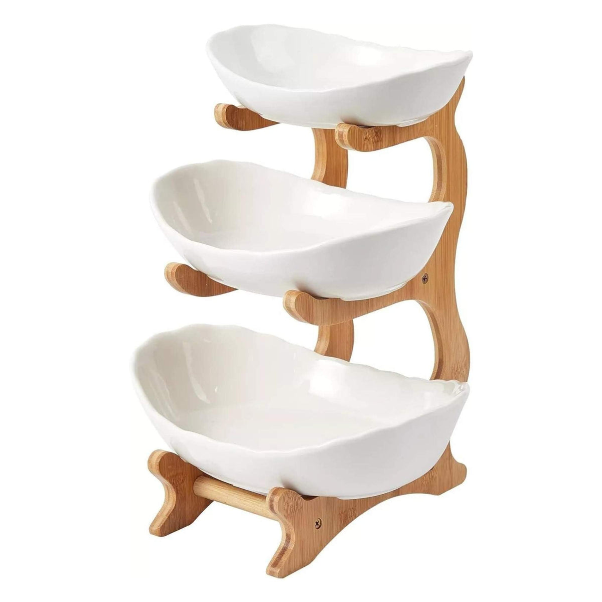 Three tier porcelain fruit bowl stand on a bamboo frame holding fruit
