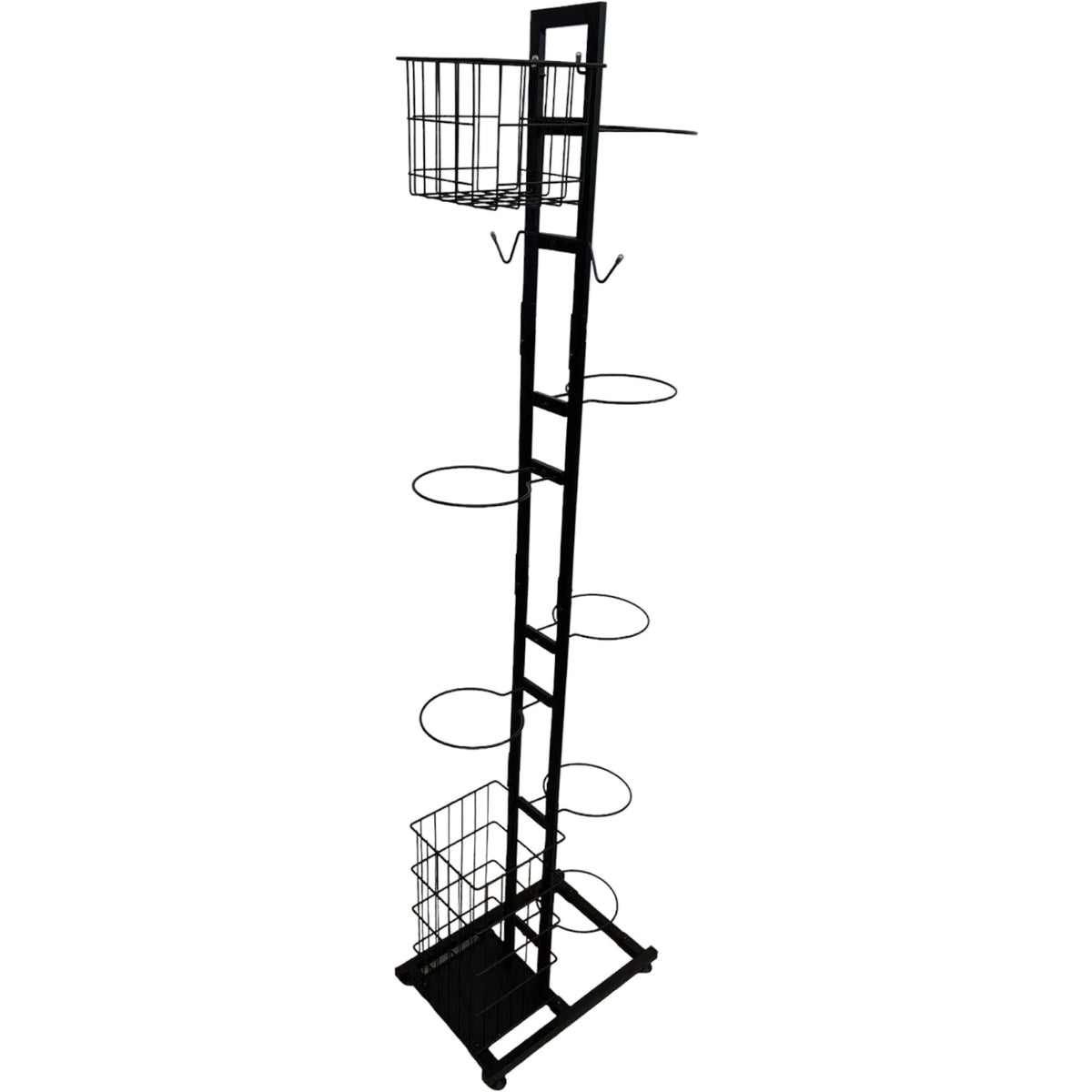 Black coated steel sports equipment organiser with ball hoops, baskets and hooks