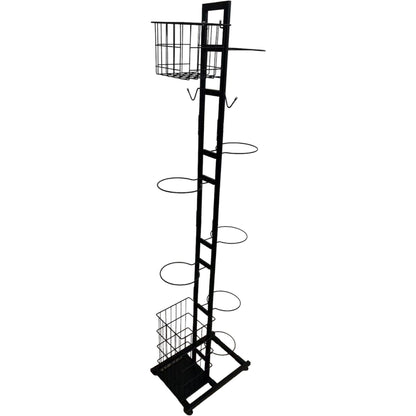 Black coated steel sports equipment organiser with ball hoops, baskets and hooks