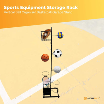 Black coated steel sports equipment organiser with ball hoops, baskets and hooks