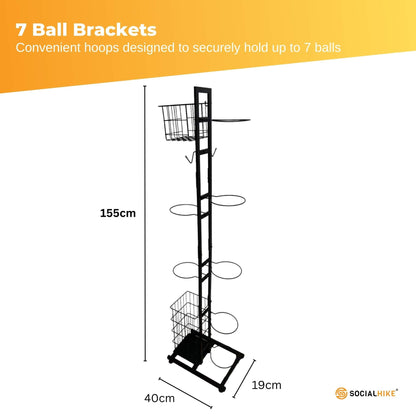 Black coated steel sports equipment organiser with ball hoops, baskets and hooks