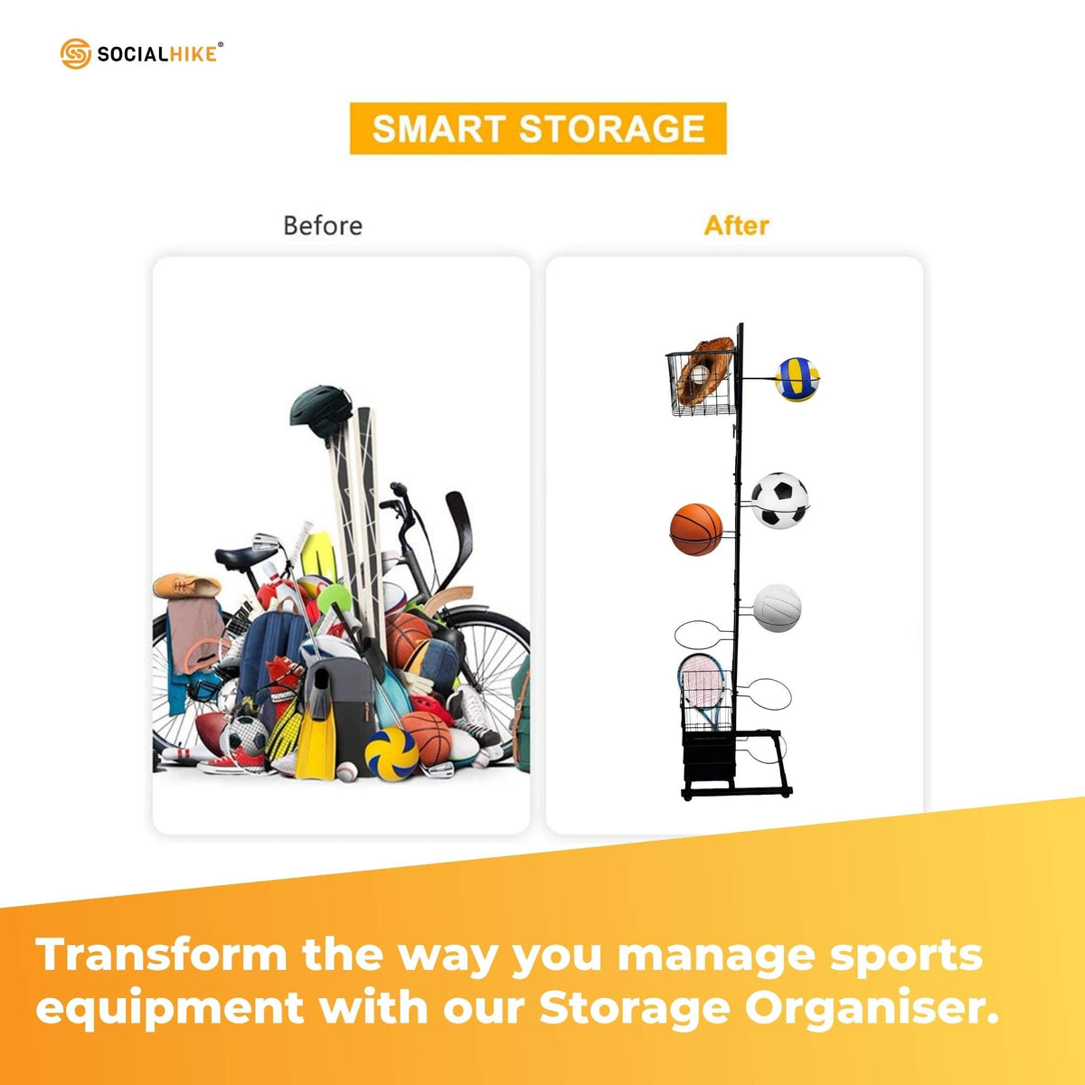 Black coated steel sports equipment organiser with ball hoops, baskets and hooks