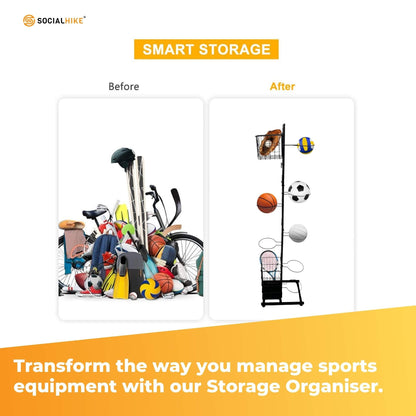 Black coated steel sports equipment organiser with ball hoops, baskets and hooks