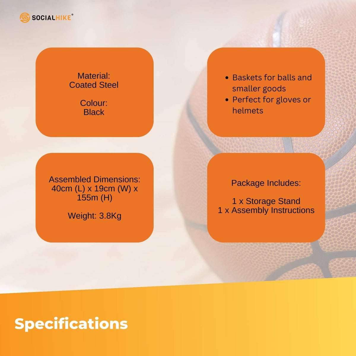 Black coated steel sports equipment organiser with ball hoops, baskets and hooks