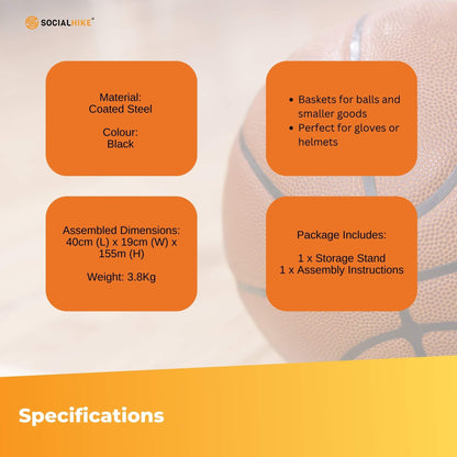 Black coated steel sports equipment organiser with ball hoops, baskets and hooks