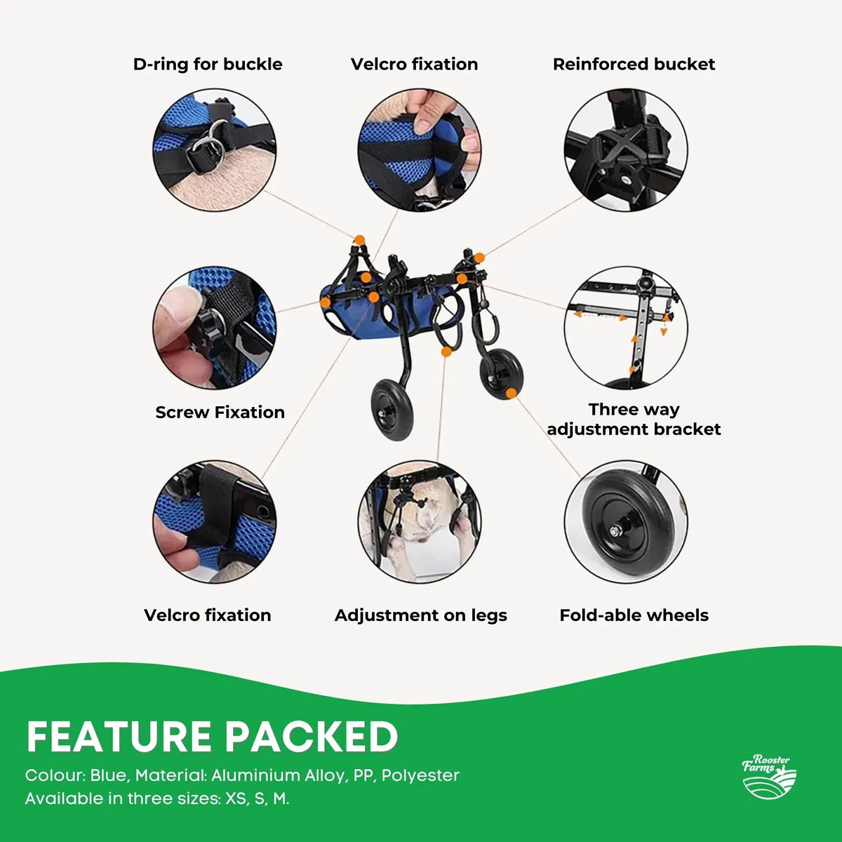 Blue small dog wheelchair harness with aluminium frame and support straps