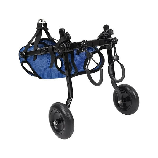 Blue adjustable dog wheelchair with medium harness and rear leg support