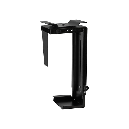 Black under-desk CPU holder with adjustable frame and swivel mount