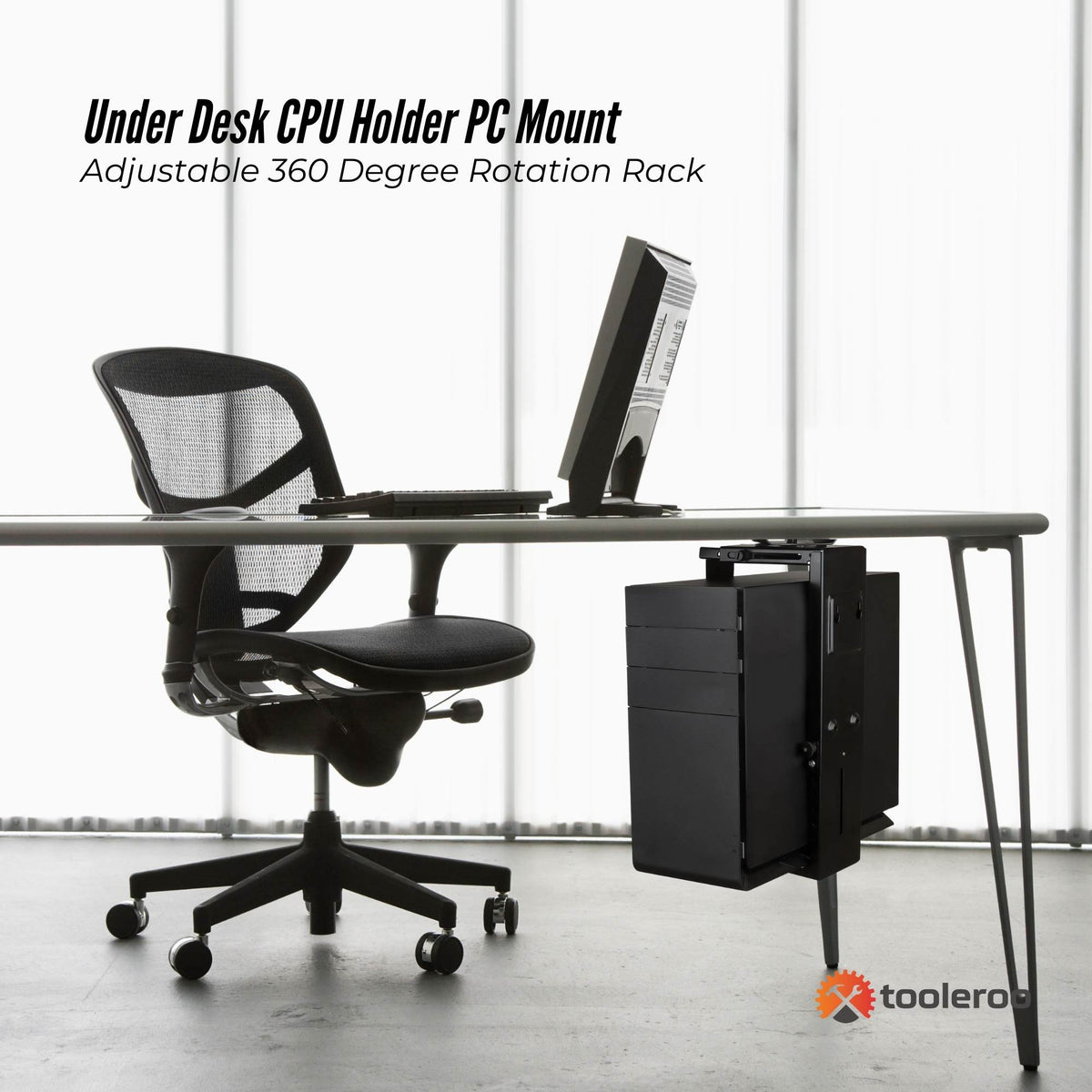 Black under-desk CPU holder with adjustable frame and swivel mount