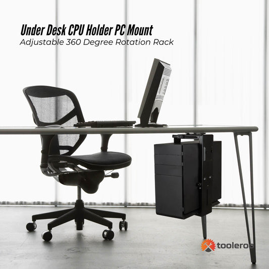 Black under-desk CPU holder with adjustable frame and swivel mount