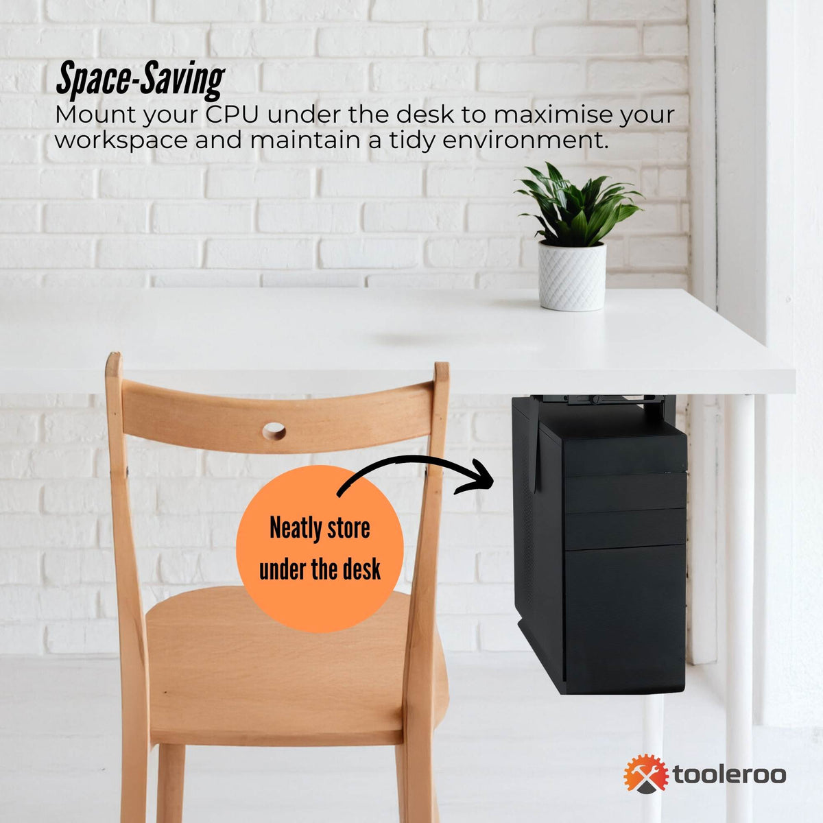 Black under-desk CPU holder with adjustable frame and swivel mount