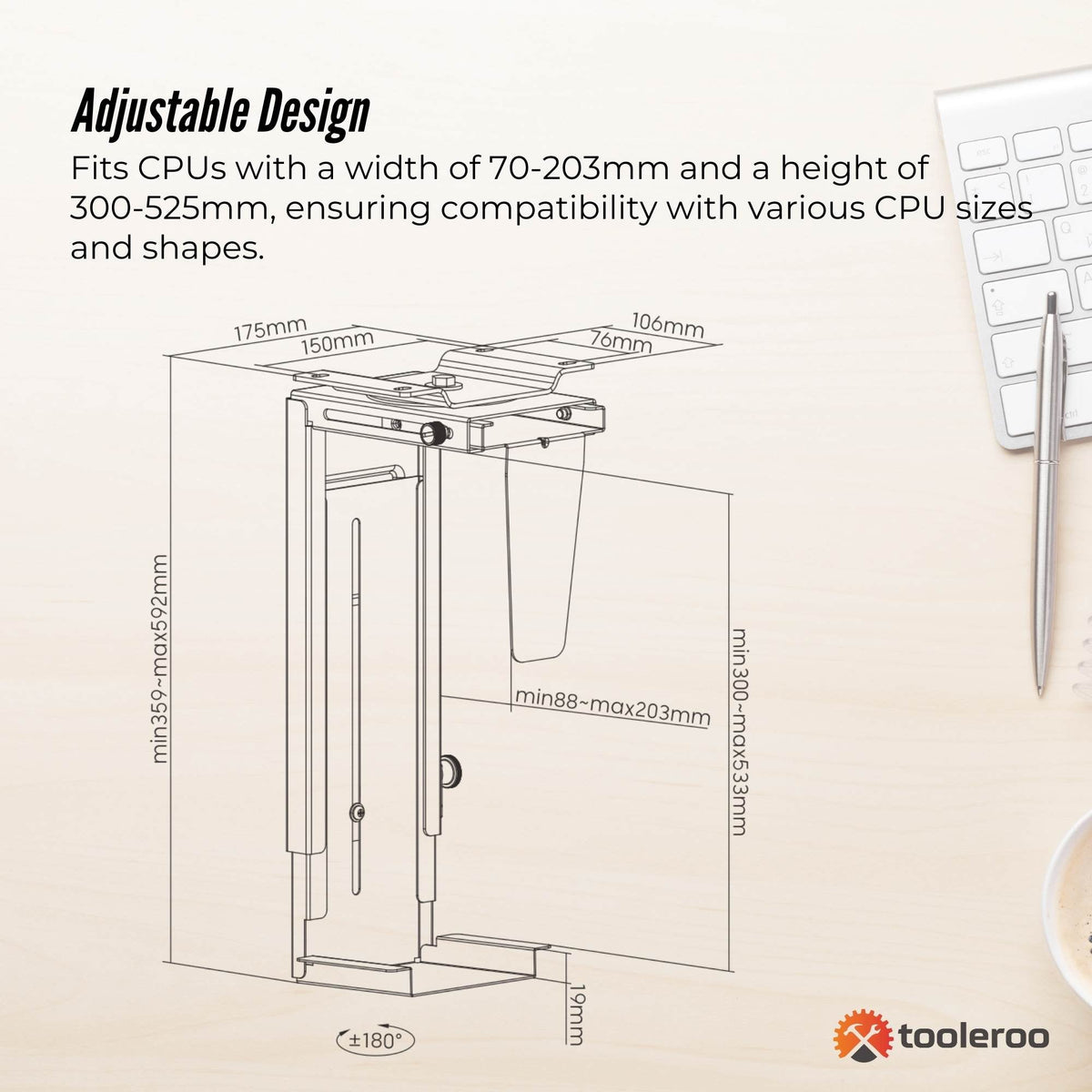 Black under-desk CPU holder with adjustable frame and swivel mount