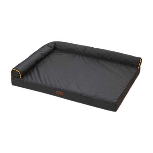 Grey waterproof orthopaedic dog bed with L-shaped bolster and orange trim