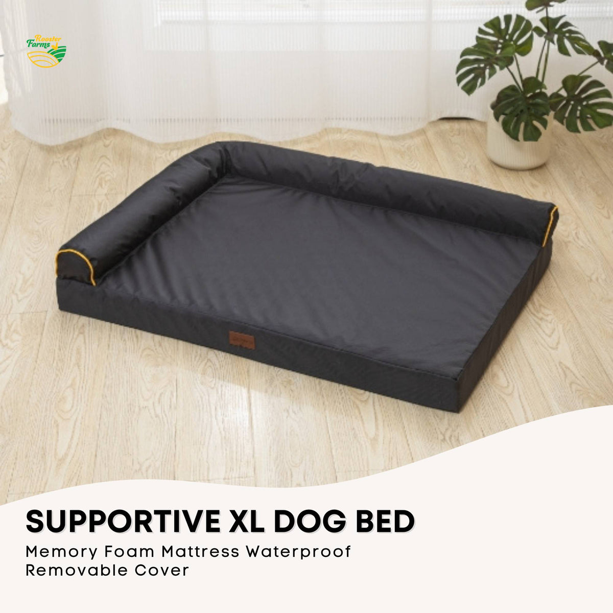 Grey waterproof orthopaedic dog bed with L-shaped bolster and orange trim