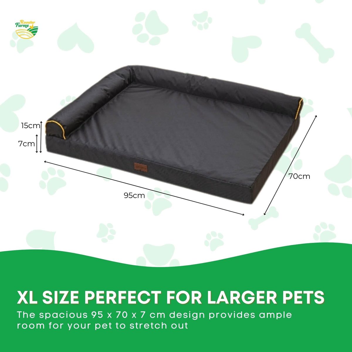 Grey waterproof orthopaedic dog bed with L-shaped bolster and orange trim