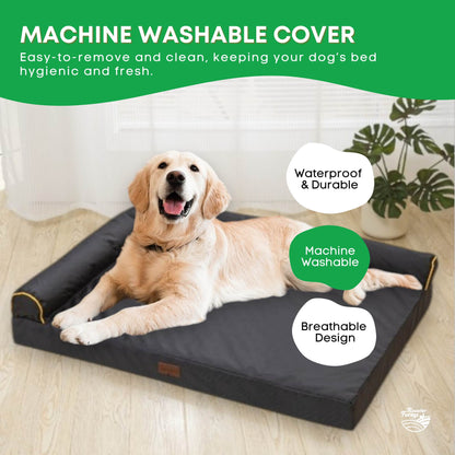 Grey waterproof orthopaedic dog bed with L-shaped bolster and orange trim