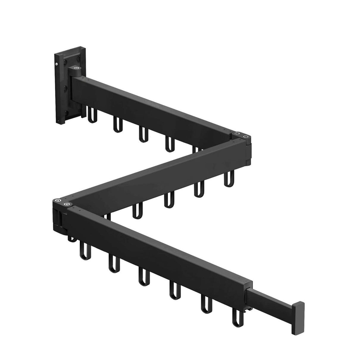 Black tri-fold wall-mounted clothes drying rack folded open with multiple hanging arms