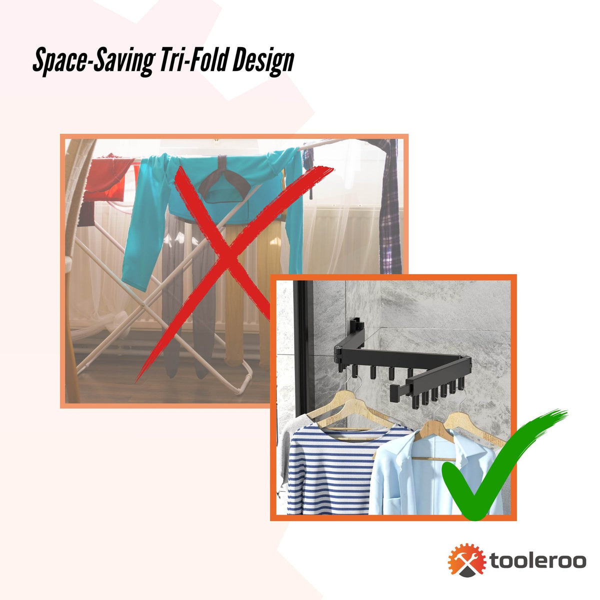 Black tri-fold wall-mounted clothes drying rack folded open with multiple hanging arms