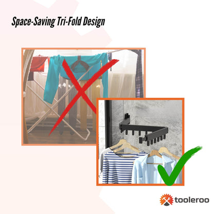 Black tri-fold wall-mounted clothes drying rack folded open with multiple hanging arms
