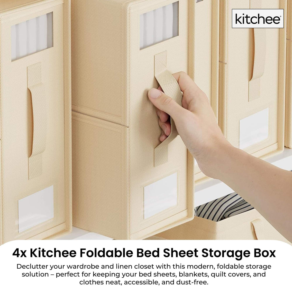 Beige foldable storage boxes with clear window, zip closure and pull-out handle