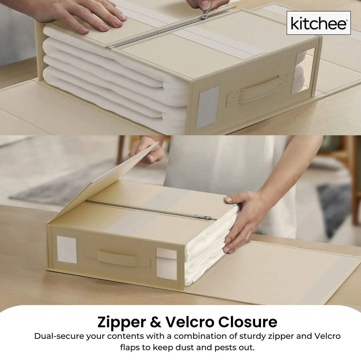 Beige foldable storage boxes with clear window, zip closure and pull-out handle