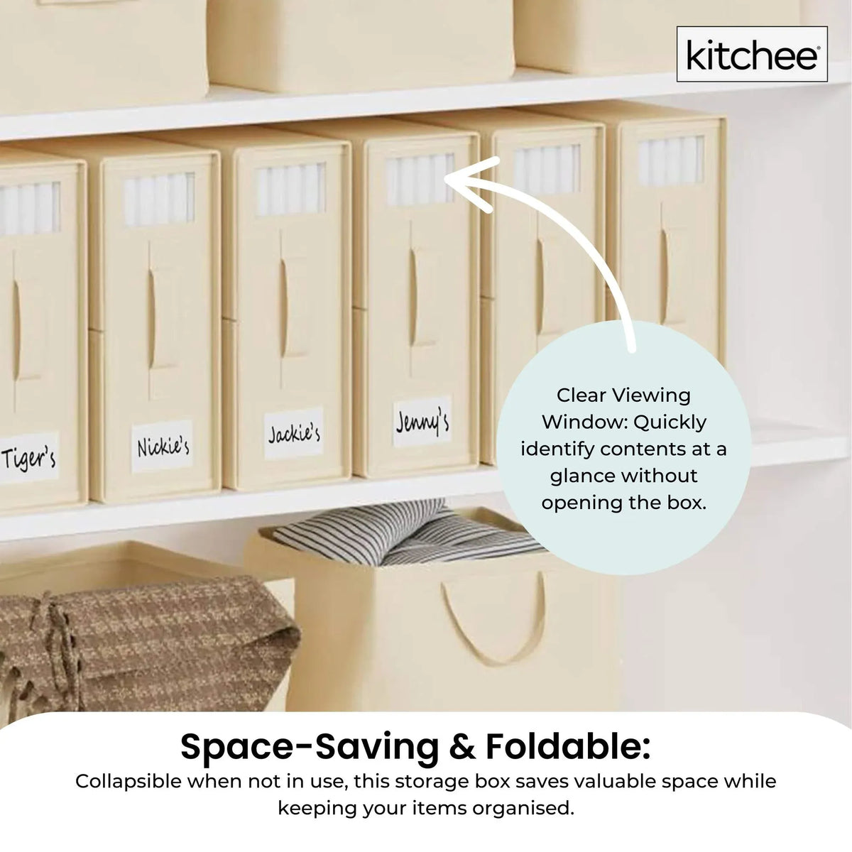 Beige foldable storage boxes with clear window, zip closure and pull-out handle