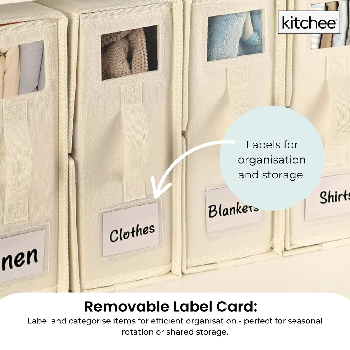 Beige foldable storage boxes with clear window, zip closure and pull-out handle