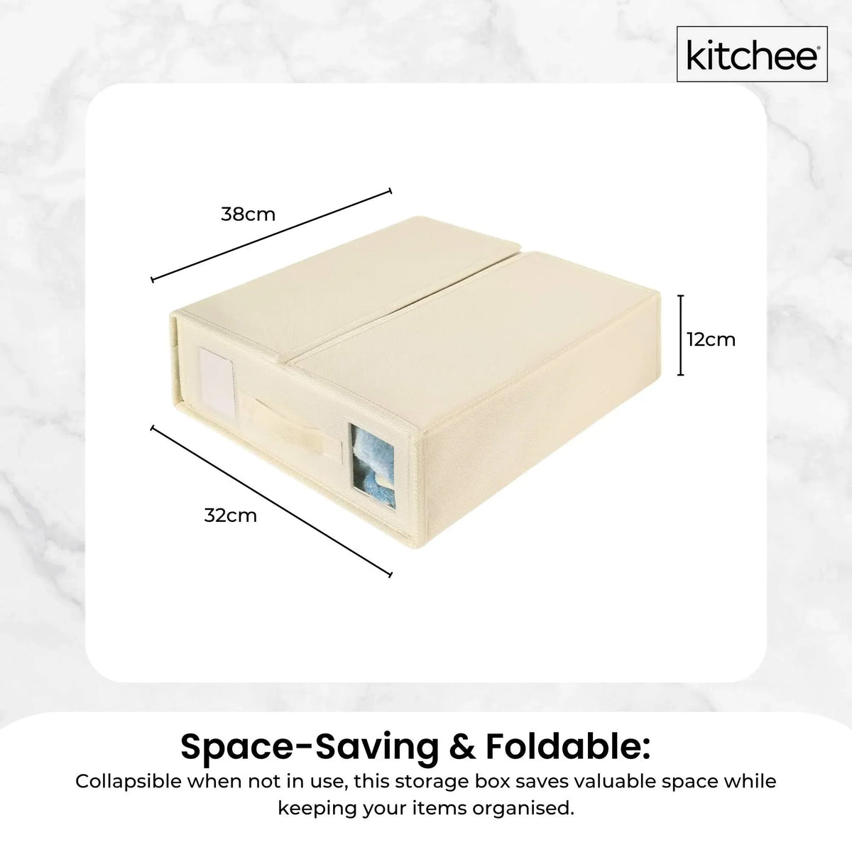 Beige foldable storage boxes with clear window, zip closure and pull-out handle