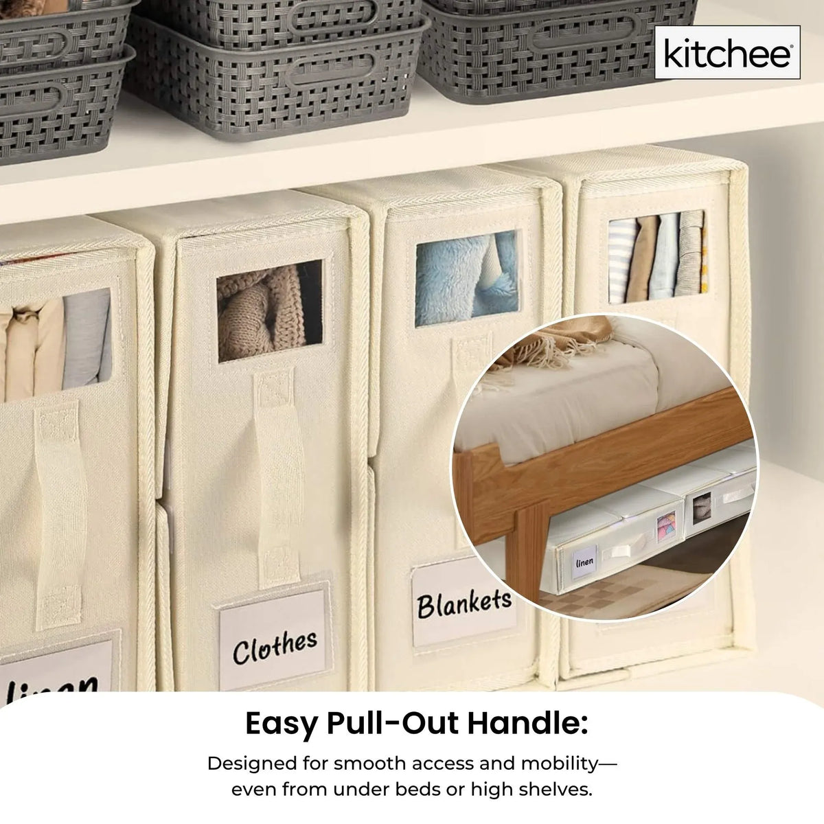 Beige foldable storage boxes with clear window, zip closure and pull-out handle