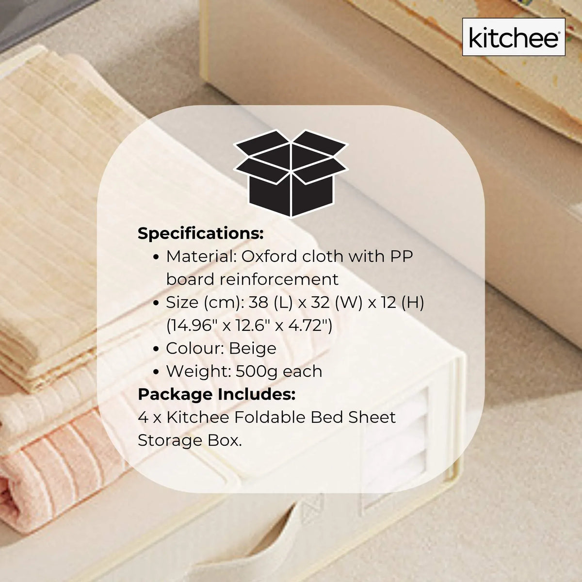 Beige foldable storage boxes with clear window, zip closure and pull-out handle