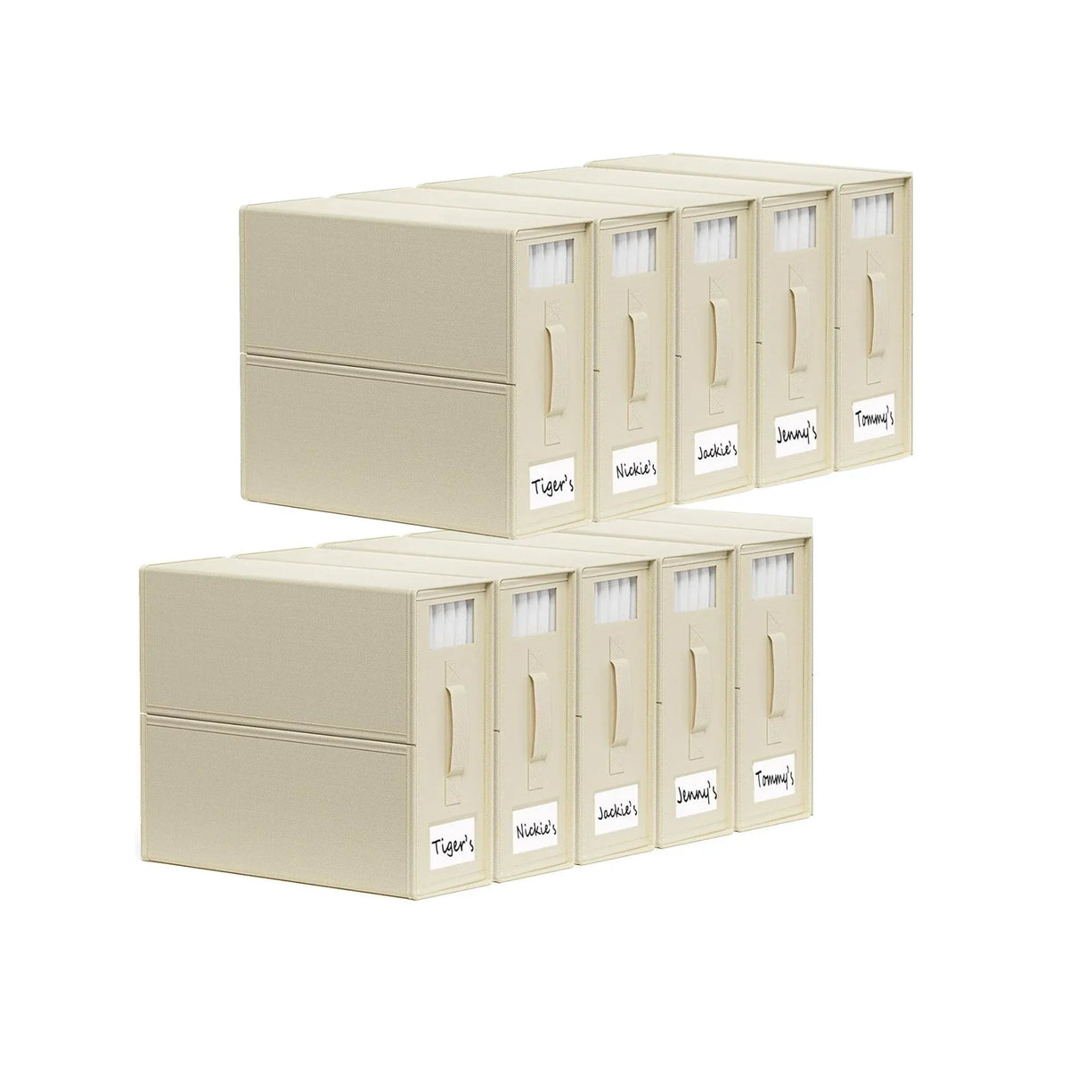 Beige foldable linen storage boxes with pull handles stacked in a wardrobe