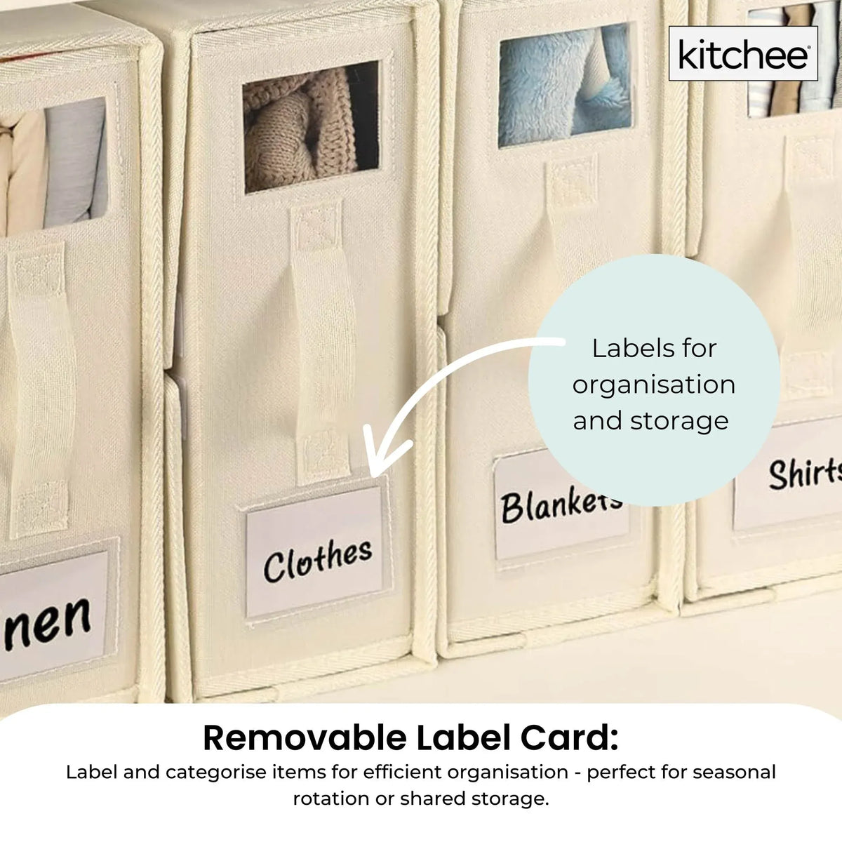 Beige foldable linen storage boxes with pull handles stacked in a wardrobe