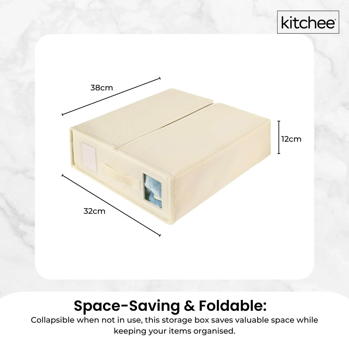 Beige foldable linen storage boxes with pull handles stacked in a wardrobe