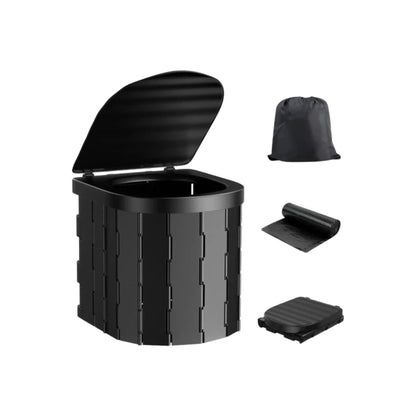 Black folding camping toilet with lid, carry bag and toilet paper holder