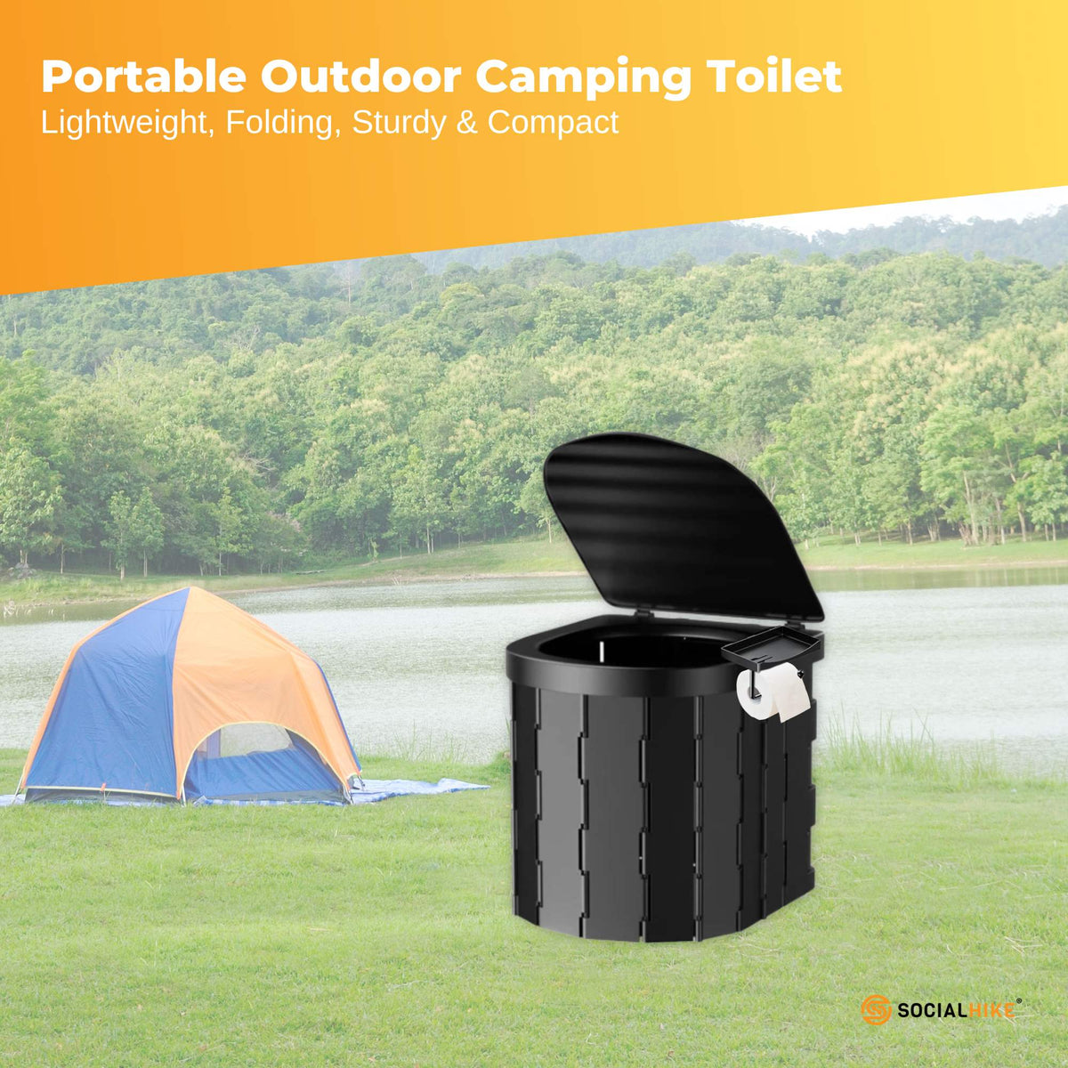 Black folding camping toilet with lid, carry bag and toilet paper holder