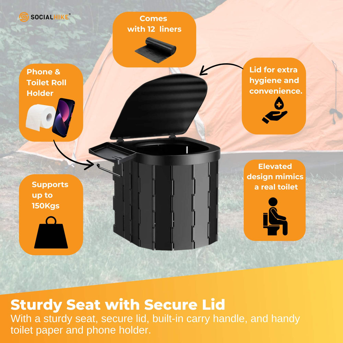 Black folding camping toilet with lid, carry bag and toilet paper holder