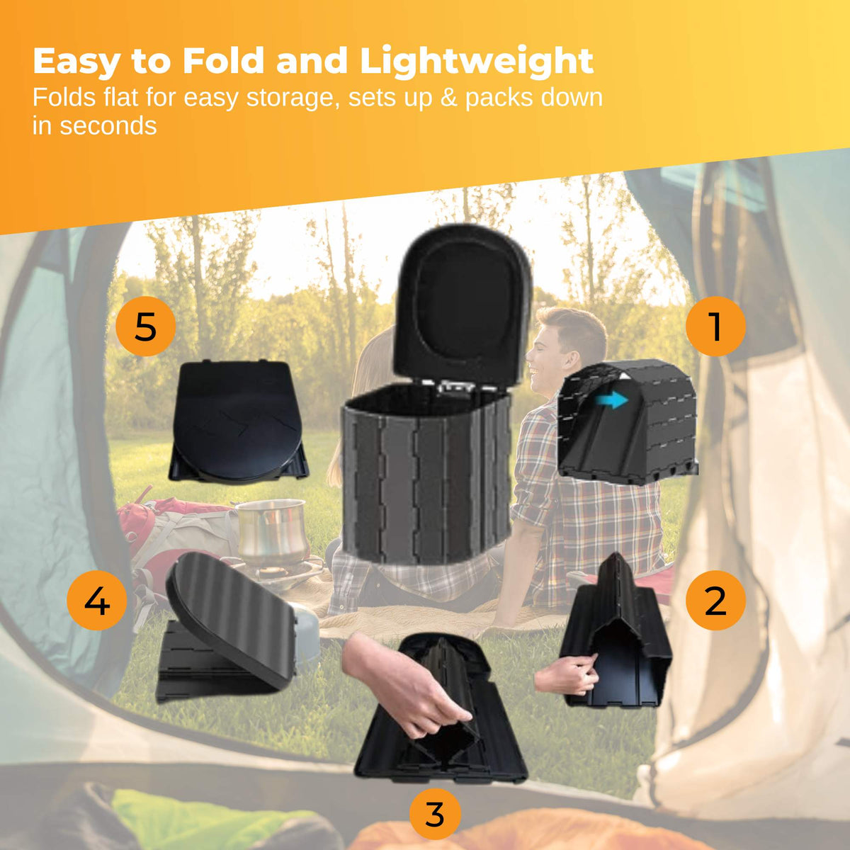 Black folding camping toilet with lid, carry bag and toilet paper holder