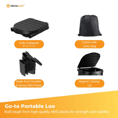 Black folding camping toilet with lid, carry bag and toilet paper holder