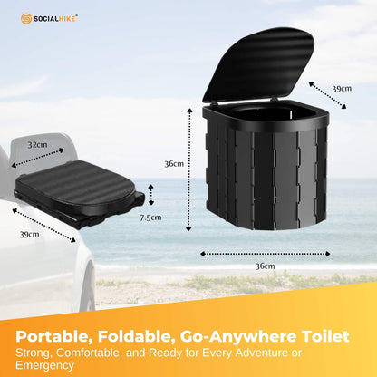 Black folding camping toilet with lid, carry bag and toilet paper holder